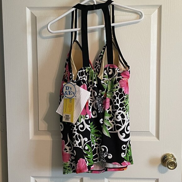 NWT FIT 4U WOMENS TANKINI Plus Sz 24W BLACK WHITE w PINK GREEN FLORAL PRINT 1143 - Picture 5 of 12